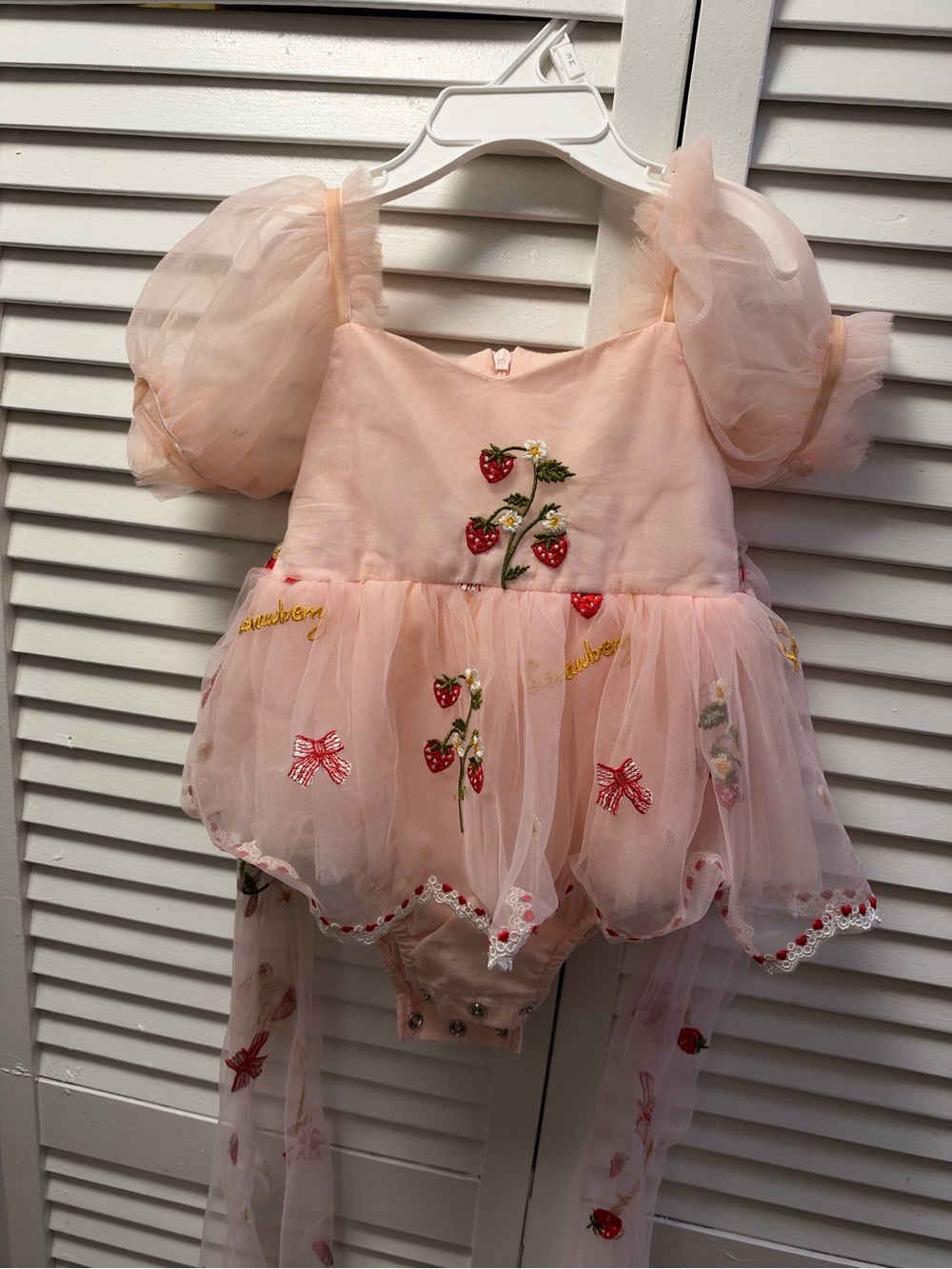 Pink Strawberry Embroidered Tulle Party Dress for Kids